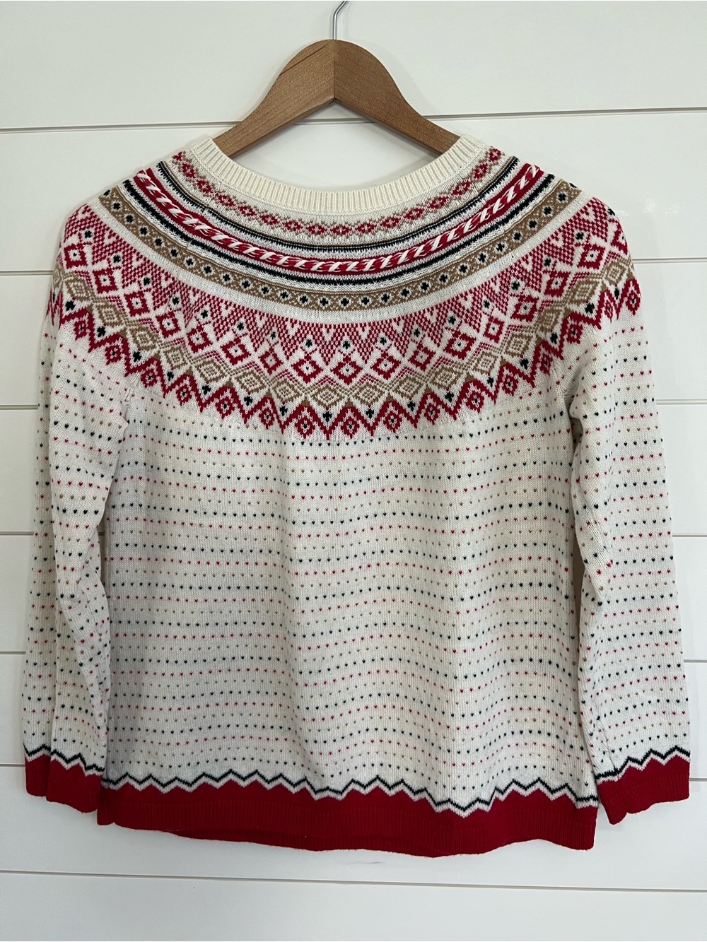 Talbots Fair isle Sweater Lambswool Blend Womens Large Petite Red Cream